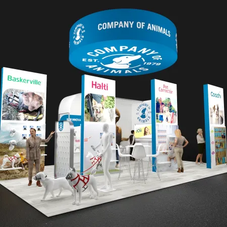 Exhibition booth for Company of Animals with displays for Baskerville, Halti, Pet Corrector, and Coach products.