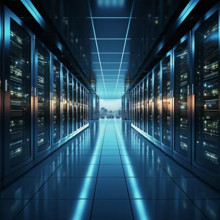 Modern data center corridor with rows of illuminated server racks and reflective tiled floor under blue lighting.