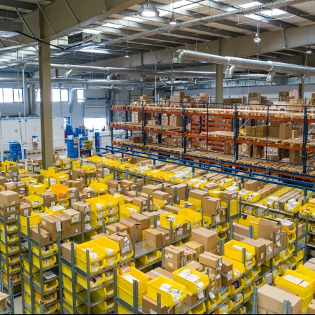Warehouse interior filled with shelves holding numerous brown and yellow packages ready for shipment.