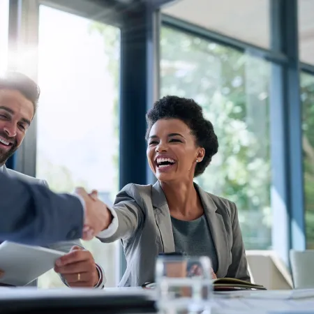 Businesspeople shaking hands and smiling in a modern office with large windows and natural light.