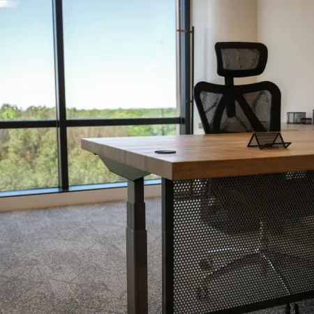 Modern office desk with ergonomic chair by large window overlooking green trees in bright room.