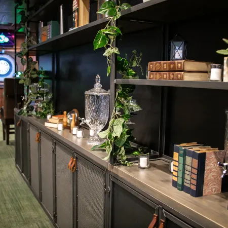Elegant bookshelf decorated with vintage books, leafy vines, crystal water dispensers, and small candles in a cozy room.