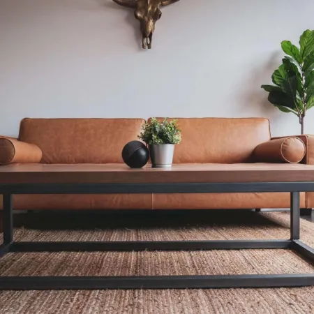 Modern living room with brown leather sofa, minimalist black metal coffee table, potted plants, and neutral decor.