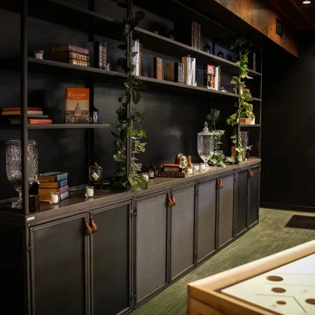 Modern industrial-style shelving with books, plants, and decorative items in a dimly lit room.