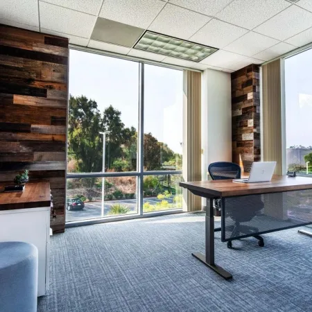 Modern office with large windows, wooden desk, ergonomic chair, and natural light overlooking trees and buildings.
