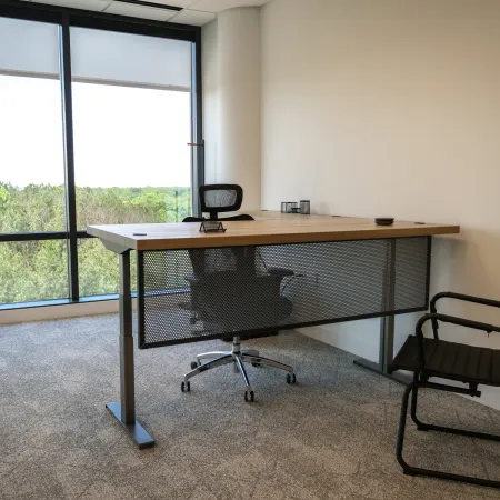 Modern office with wooden desk, ergonomic chair, visitor chair, large window showing green landscape.
