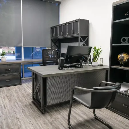 Modern office with metal desk, black chair, computer monitor, shelves, and natural plants near large window.