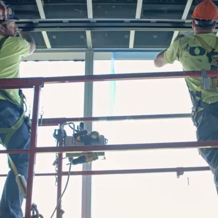 Two construction workers wearing safety gear working on a ceiling inside a building under construction.