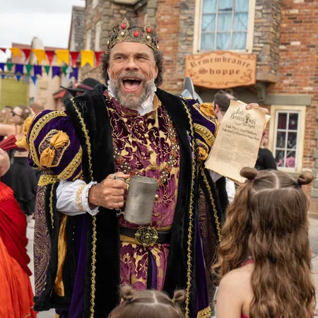 Man dressed as a medieval king with crown and robe holding a mug and a parchment at a Renaissance fair.