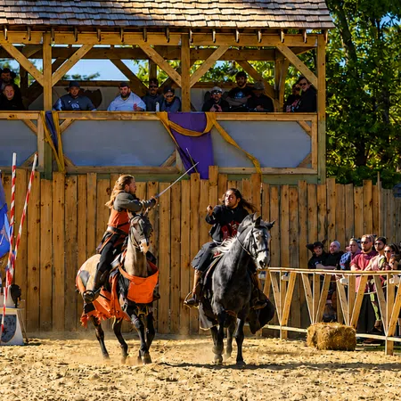 Two knights jousting on horseback in front of a wooden grandstand and a crowd on a sunny day