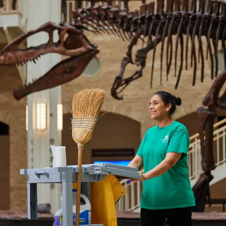 Museum cleaner in green shirt with broom and cart near dinosaur skeleton exhibits indoors