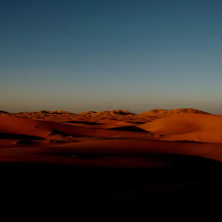 Golden sand dunes under a clear blue sky in a vast desert landscape during sunset.