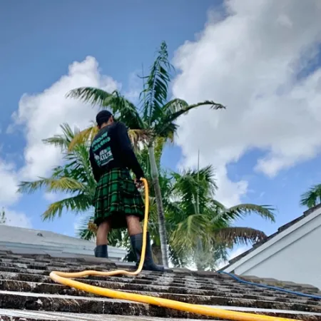 a person standing on a yellow and black object with a stick in front of a palm tree and