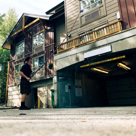 a person standing outside a building