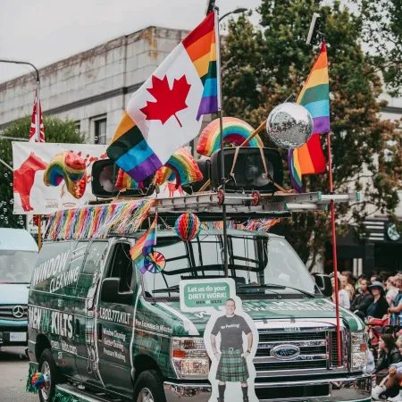 a truck with a group of flags