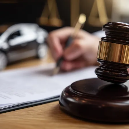 Judges wooden gavel on desk with blurred person signing legal documents and toy car in background