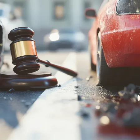 Close-up of a gavel on the road between two damaged cars after an accident on a city street.