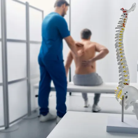 Doctor examining a man's back pain with a spine model in the foreground in a clinical setting