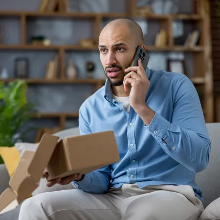 Man inspecting damaged package while making a phone call in a modern living room with plants and shelves.