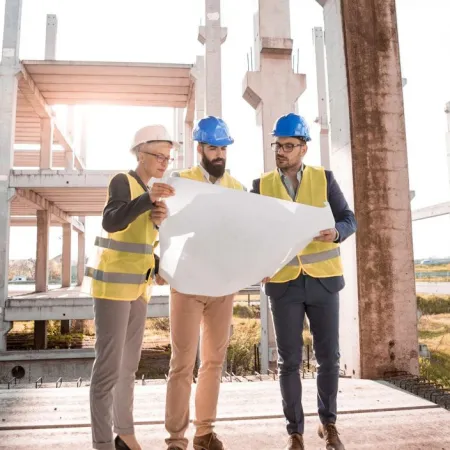 Three construction workers with helmets and vests reviewing blueprints at an unfinished building site during sunset.