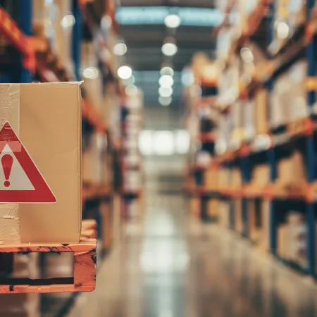 Warehouse shelves filled with cardboard boxes and a close-up box with a red warning sign placed on a wooden pallet.