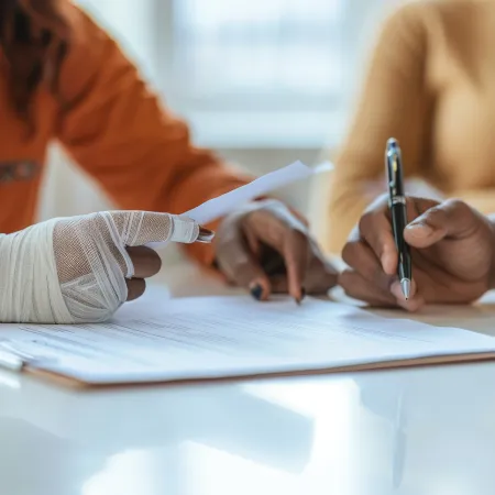 Close-up of a bandaged hand pointing at paperwork while another person writes on documents at a desk.