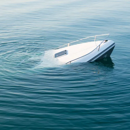 Partially submerged boat in calm blue water creating circular ripples on the surface.