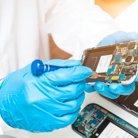 Technician wearing blue gloves repairing smartphone circuit board with small screwdriver under bright light.