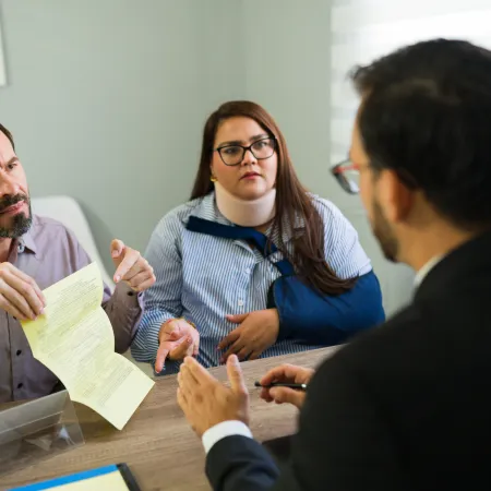 Man with document discussing legal matters with lawyer while woman with arm sling listens attentively