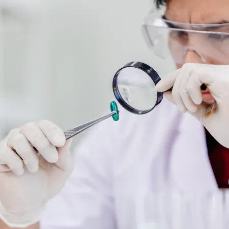Scientist in gloves examines green capsule with magnifying glass in lab environment