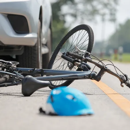 Black bicycle lying on road beside white car and blue helmet after a possible accident on a rural street.