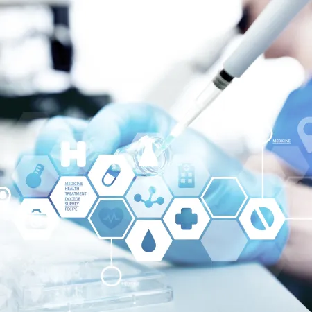 Scientist in gloves using a pipette with medical and health technology digital icons overlay in lab setting