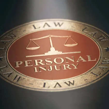 Metallic emblem with scales of justice and text Personal Injury surrounded by the word Law on black background