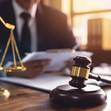 Judge's gavel and scales of justice on desk with lawyer reviewing documents in background