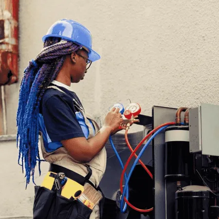 a man wearing a blue hat and blue scarf working on a machine