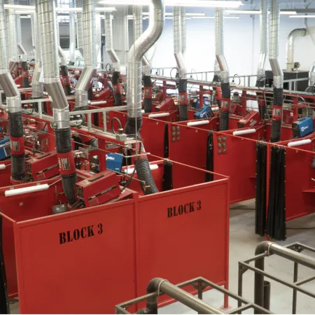 a room with red and white machines