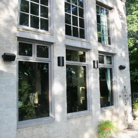 Stone house exterior with large grid windows reflecting trees, two wall-mounted black lights, and potted plants on patio.