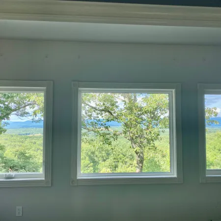 Three large windows reveal a lush green forest and distant mountains under a blue sky from inside a light room.