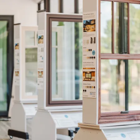 Showroom display of various window models with wood and metal frames showcasing design options.
