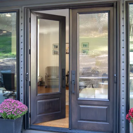 Modern dark wood front doors with glass panels open to a cozy indoor living area, flanked by potted pink flowers.