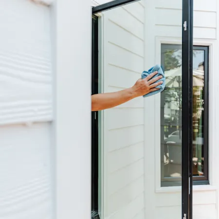 a person cleaning a window