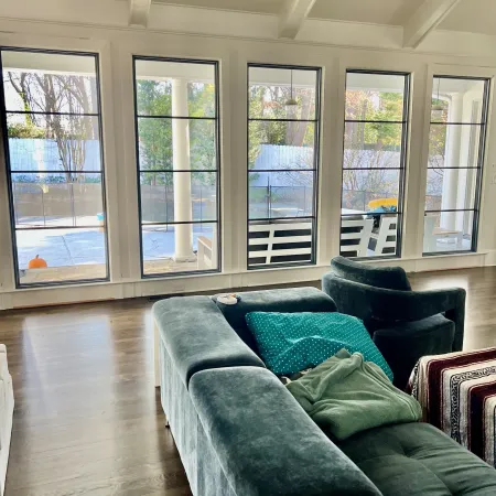 a living room with a large window