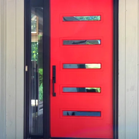 Modern red front door with sidelite from Provia door manufacturer.