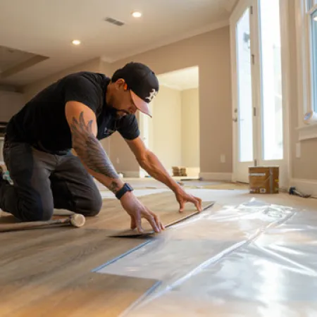 Man installing vinyl flooring in a room, measuring and laying out sheets carefully over wooden subfloor.
