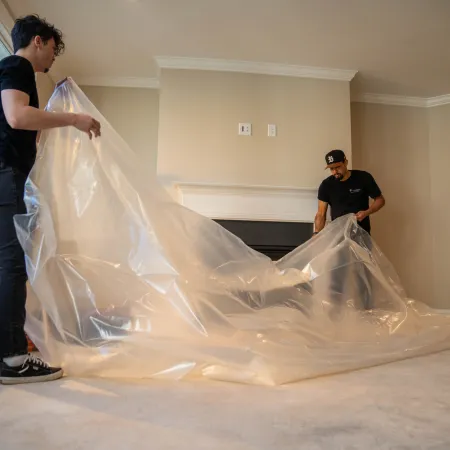 Two men spreading a large clear plastic sheet on the floor in an empty living room with a fireplace.