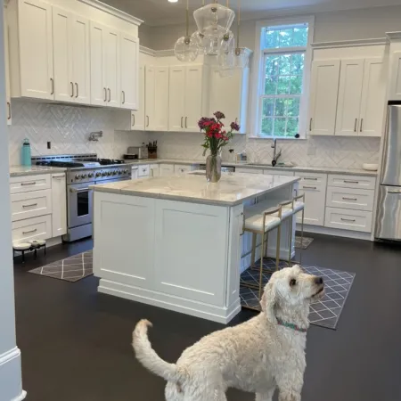 Modern white kitchen with marble island, glass pendant lights, stainless steel appliances, and a white dog on dark floor.