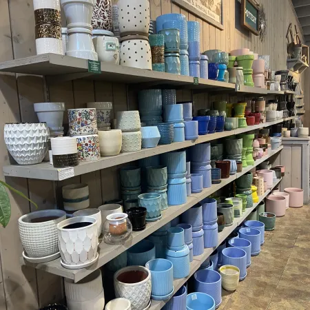 Colorful ceramic plant pots in various sizes neatly arranged on wooden shelves inside a garden store.