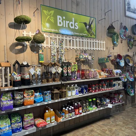Wall display of bird feeders, bird food, and accessories with a green Birds sign in a garden store.