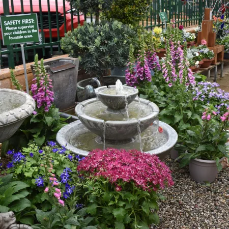 Garden fountain surrounded by vibrant pink, purple, and blue flowers with safety and sale signs in background