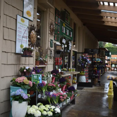 Outdoor garden center aisle with colorful potted flowers, plants, gardening tools, and supplies under a wooden roof.